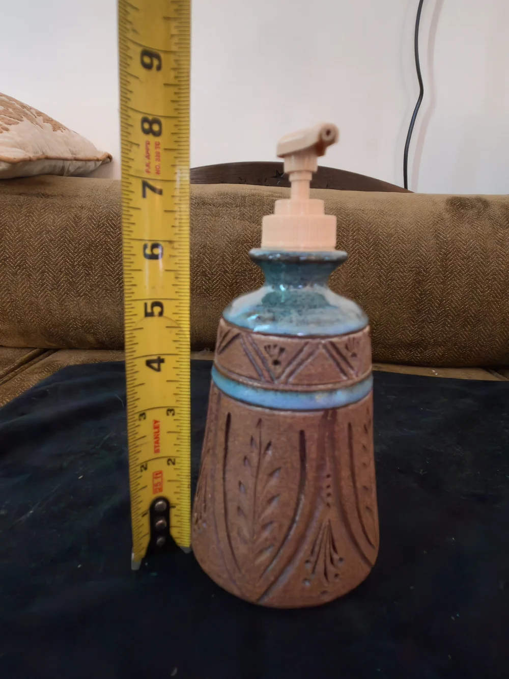 Handmade Ceramic Soap Dispenser in Brown and Blue